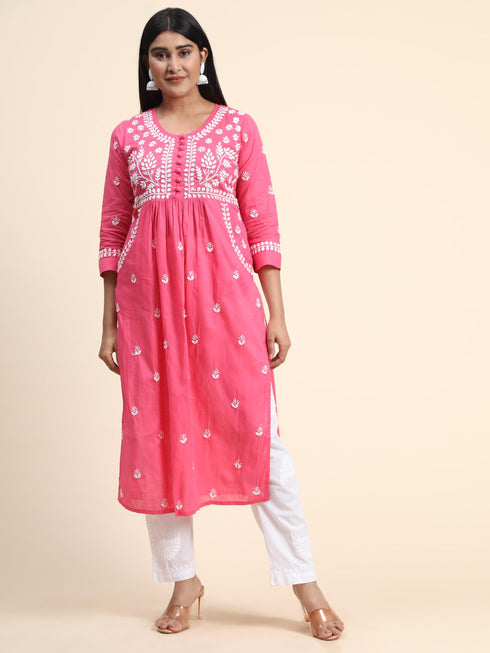 Fizaa Chikankari Kurti for Women With Pocket - Pink
